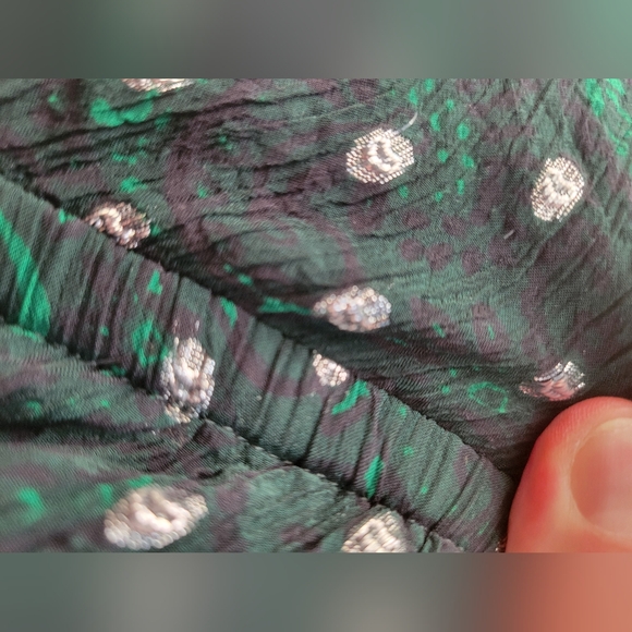 LOFT metallic foil pattern emerald green silver festive party dress puff sleeve - Picture 7 of 15